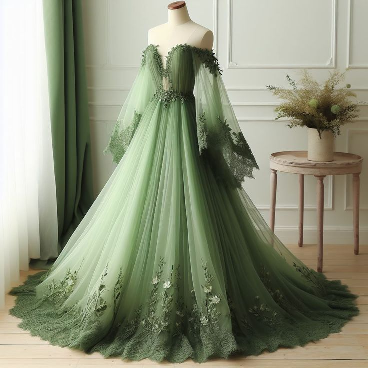 Vintage Green Lace Appliques Party Dress Evening Gown cc2842