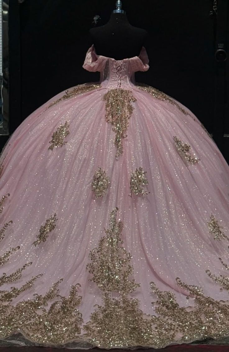 Glitter Pink Tulle Sequins Sweet 16 Ball Gown Off The Shoulder Quinceanera Dress cc2388