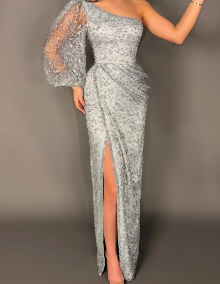 Glitter Sequin Tulle Sheath Slit Prom Evening Dress,One Shoulder Party Dress cc2973