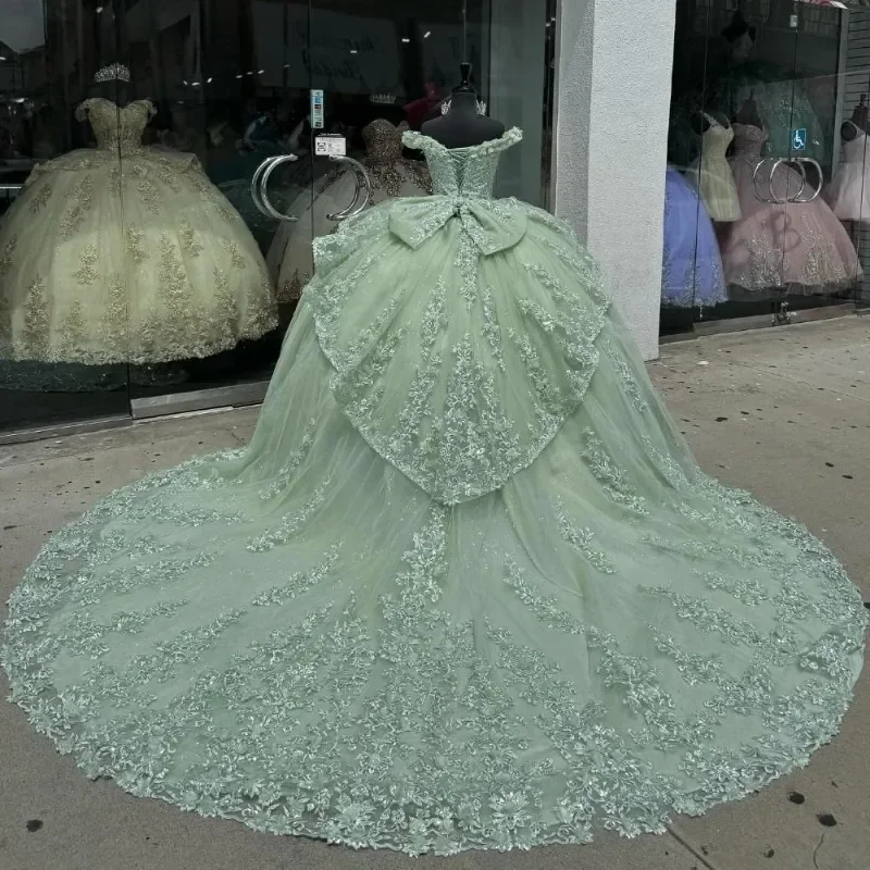Charming Green Tulle Lace Appliques Ball Gown,off Shoulder Quinceanera Dress Party Birthday Dress cc2605