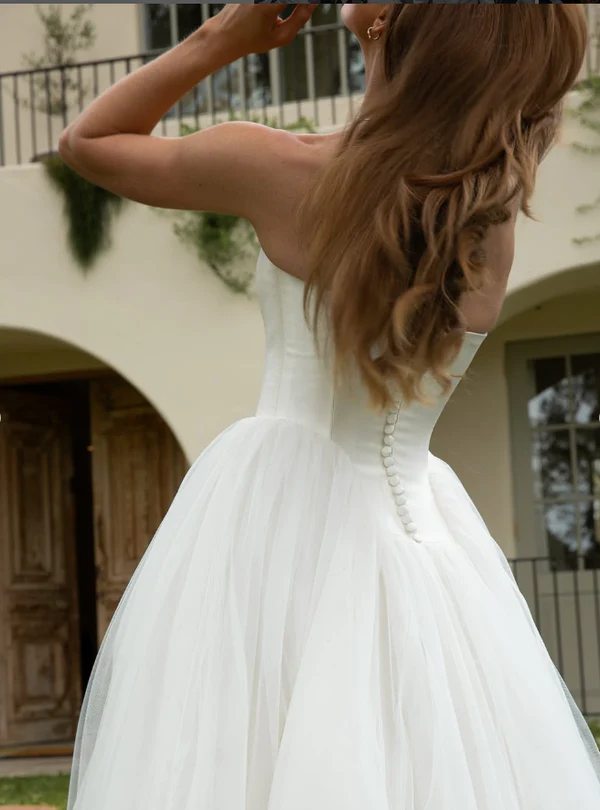 Charming Strapless Satin Tulle A Line Wedding Dress,White Prom Evening Dress cc2555