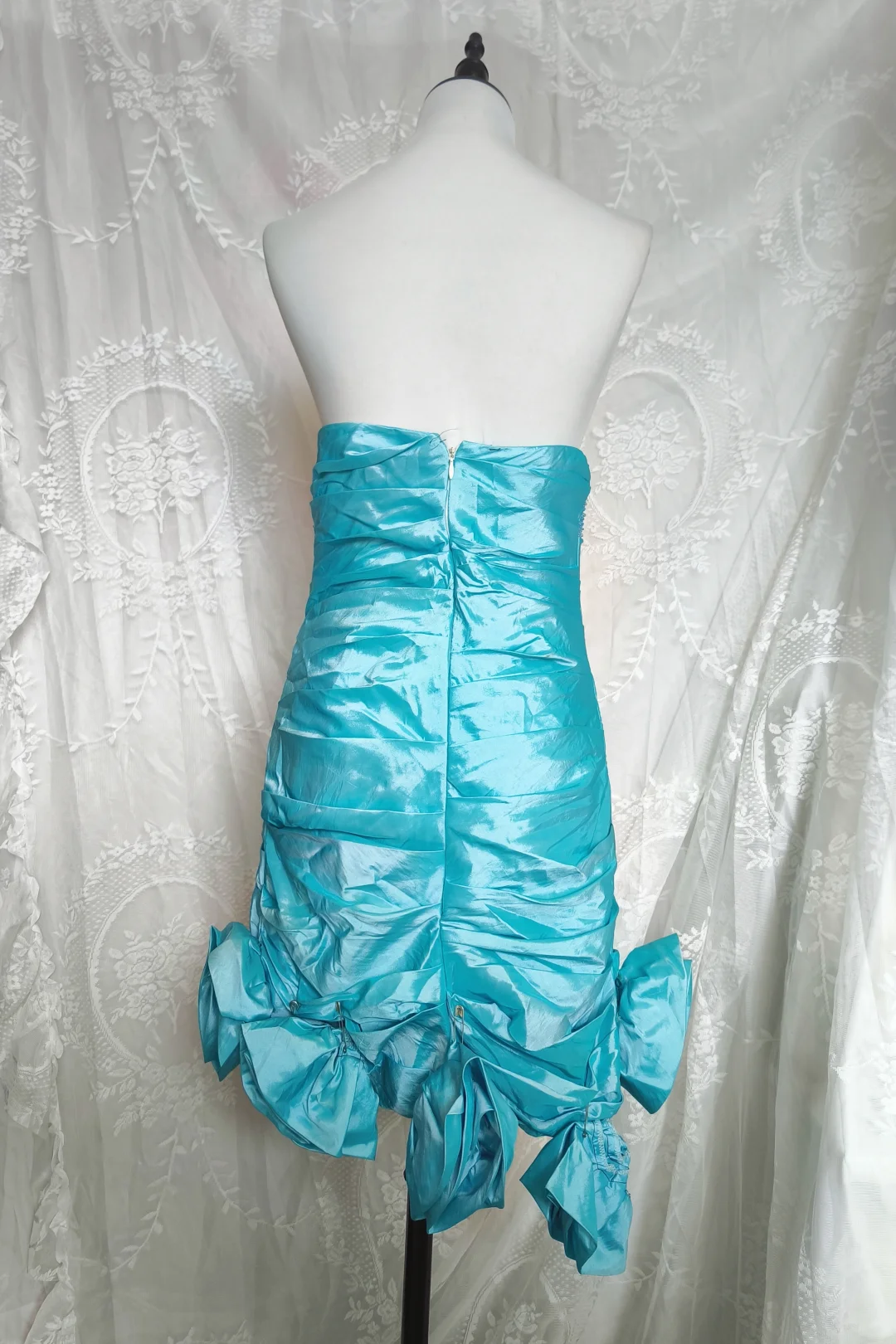 Vintage Blue Strapless Satin Pleated Short Party Dress Rose Flowers Hem Homecoming Dress cc3310