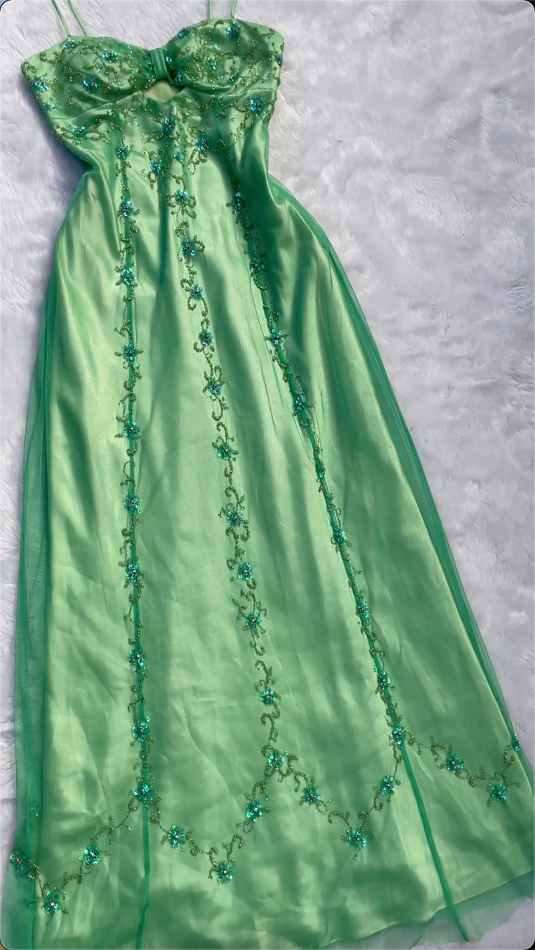 Pretty Green Satin Tulle Sequins Beaded Prom Dress,A Line Long Evening Dress cc2763