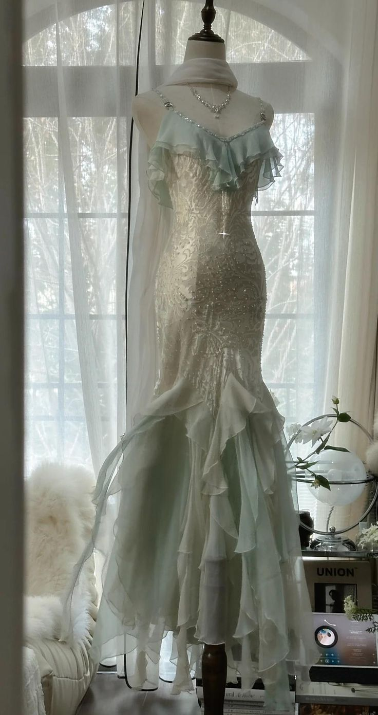 Classy Light Green Chiffon Beaded Mermaid Prom Dress,Spaghetti Straps Party Evening Dress cc2966