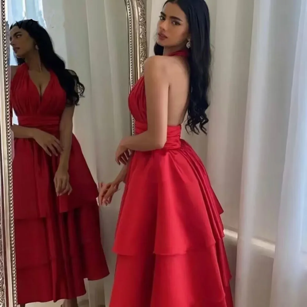Red Prom Dresses Saudi Arabia Dubai Evening Dress V-Neck Tiered A-Line Sleeveless Floor-Length cc598