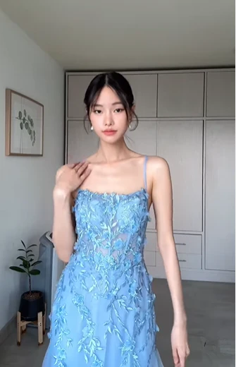 Charming Blue Mermaid Tulle Appliques Evening Dress,Long Prom Party Dress cc2585