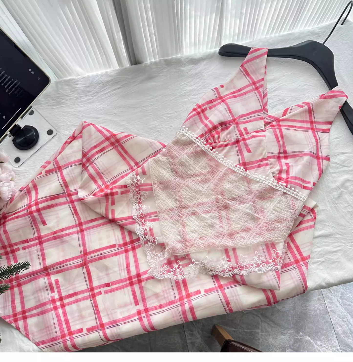 Red White Grid French A Line Vacation Dress Birthday Dress cc3057