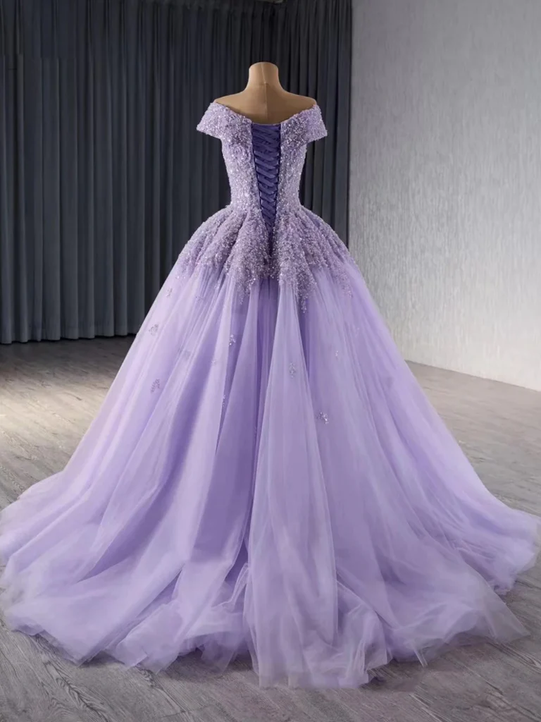 Shiny Off Shoulder Purple Sequins Beaded Long Tulle Quinceanera Dress Formal Ball Gown cc1964