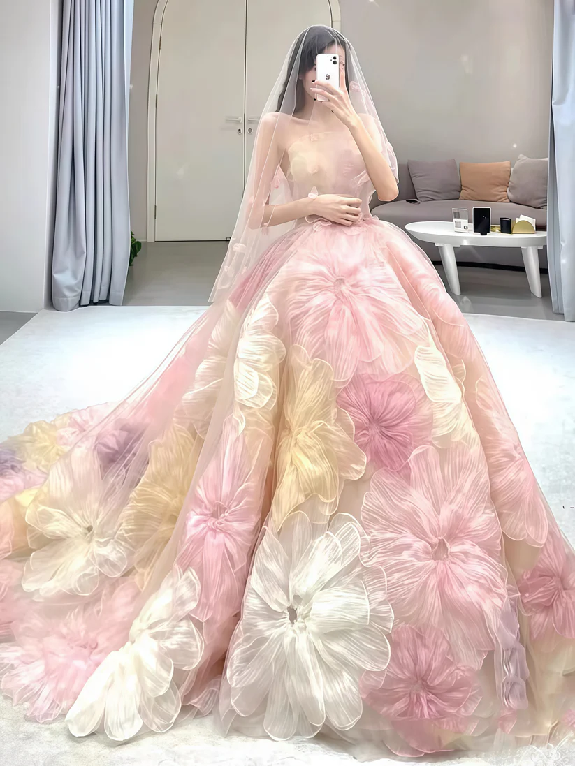 Gorgeous Strapless Tulle Flowers A Line Ball Gown Fairy Wedding Dress cc2725