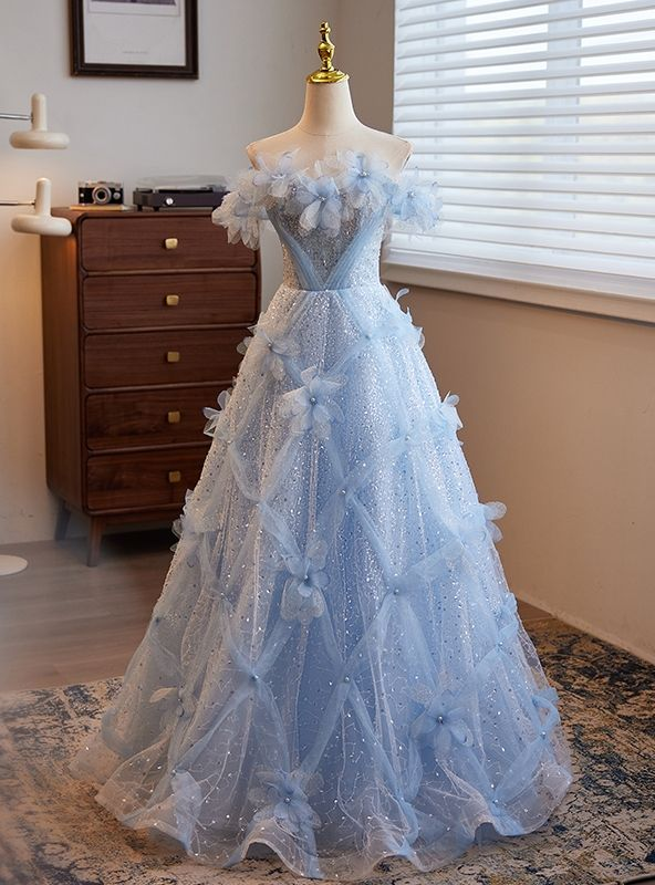 Fairy Blue Sequins Tulle Off the Shoulder 3D Flower Prom Dress Ball Gown cc2217