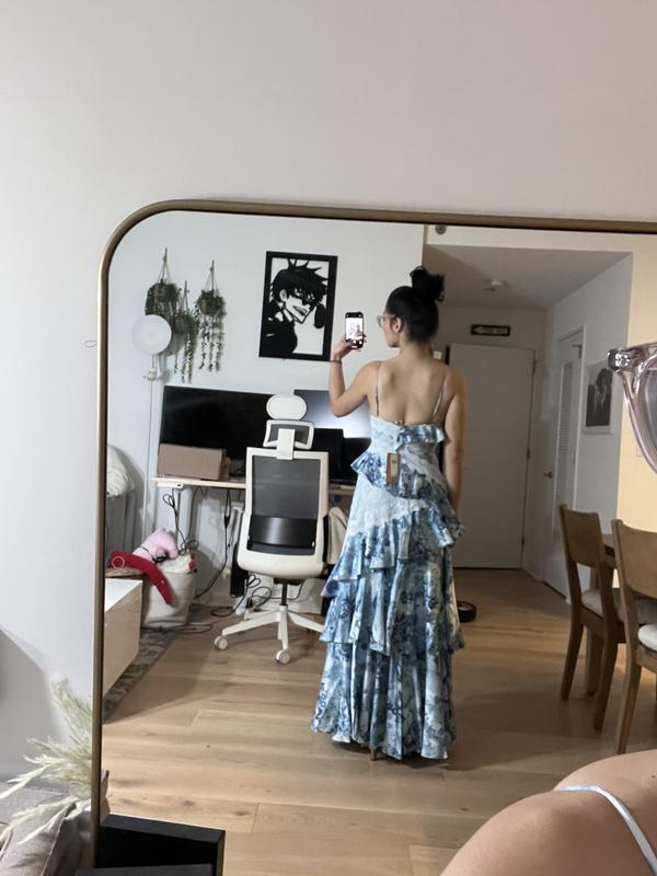 Vintage Blue Satin Print Tiered Ruffles A Line party Dress,Spaghetti Straps Prom Evening Dress cc2894
