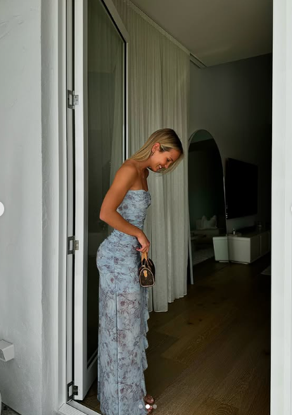 Blue Chiffon Print Floral Evening Dress,Long Slit Ruffles Party Prom Dress cc2705