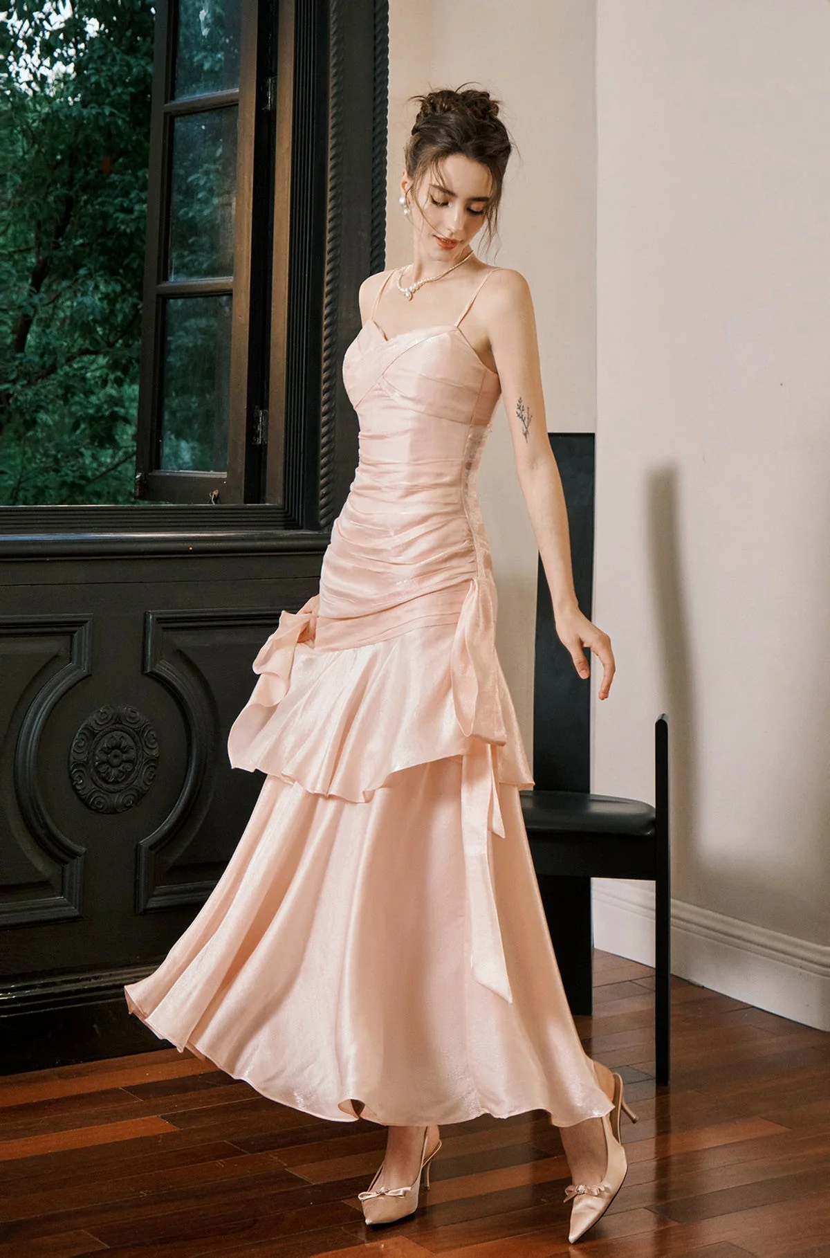 Elegant Pink Mermaid Evening Dress,Spaghetti Straps Satin Tiered Prom Dress cc2559