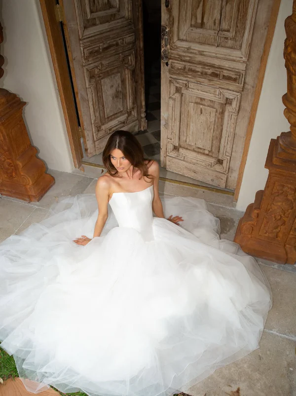 Charming Strapless Satin Tulle A Line Wedding Dress,White Prom Evening Dress cc2555