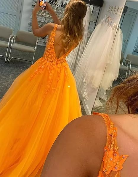 Elegant v-neck orange prom dress with appliques C984