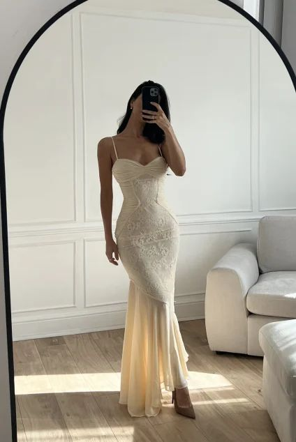 Apricot Lace Chiffon Mermaid Evening Dress Classy Prom Party Dress cc2262