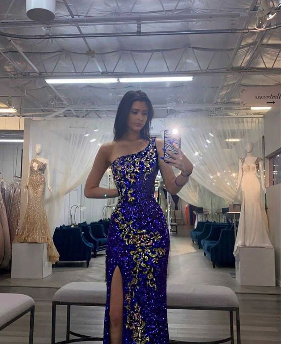 Stunning One Shoulder Sequins Evening Dress With Split,Glam Dress cc1223
