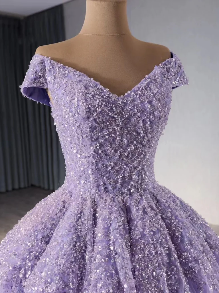 Shiny Off Shoulder Purple Sequins Beaded Long Tulle Quinceanera Dress Formal Ball Gown cc1964
