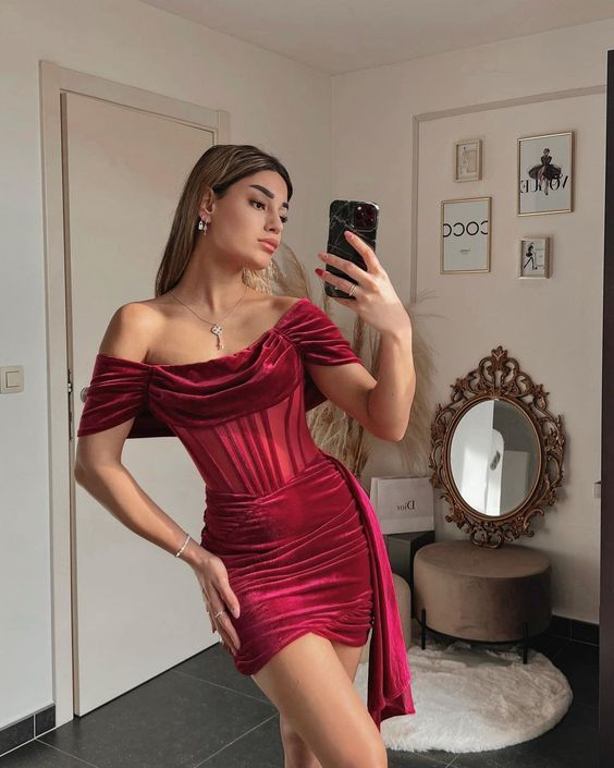 Burgundy Off Shoulder Pleated Short Prom Dress Homecoming Dress cc1868