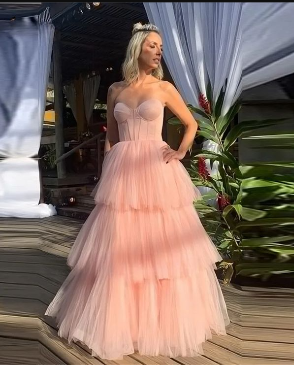 Pink Strapless Tulle Layered Evening Dress Formal Prom Party Dress cc1831