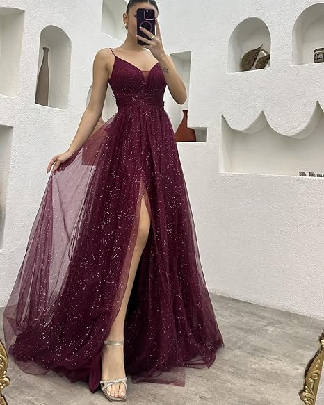 Shiny Navy Blue A-line V Neck Tulle Prom Dress With Slit cc962