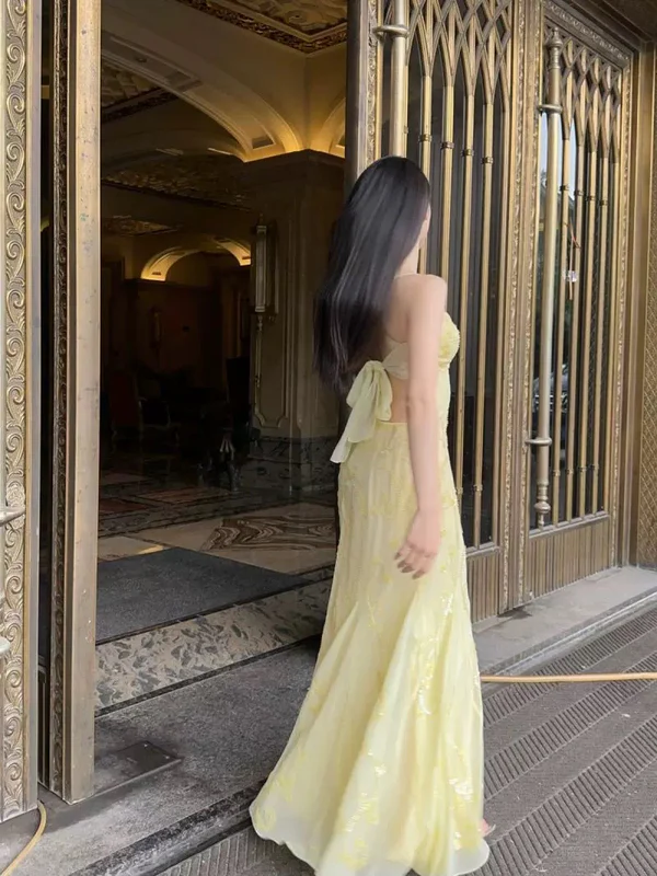 Beautiful Mermaid Spaghetti Straps Yellow Chiffon Beaded Prom Dress Long Party Evening Dress cc1845