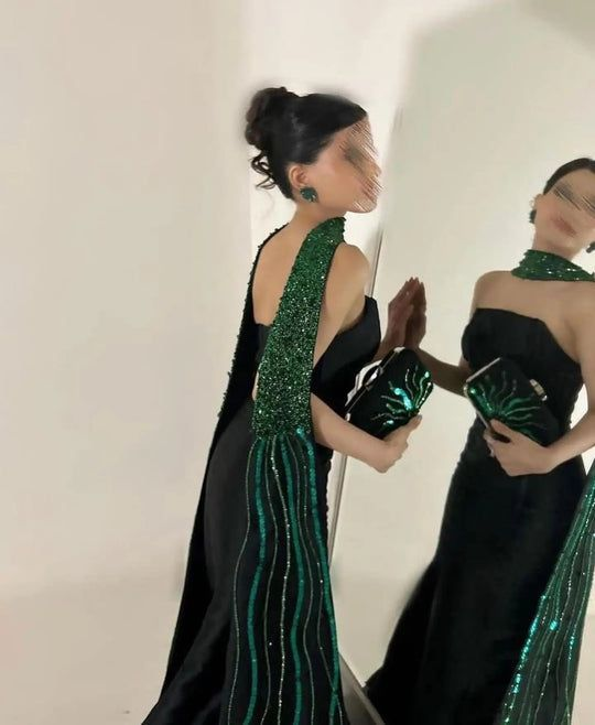 Vintage Black Satin Mermaid Long Evening Dress Prom Dress cc2592