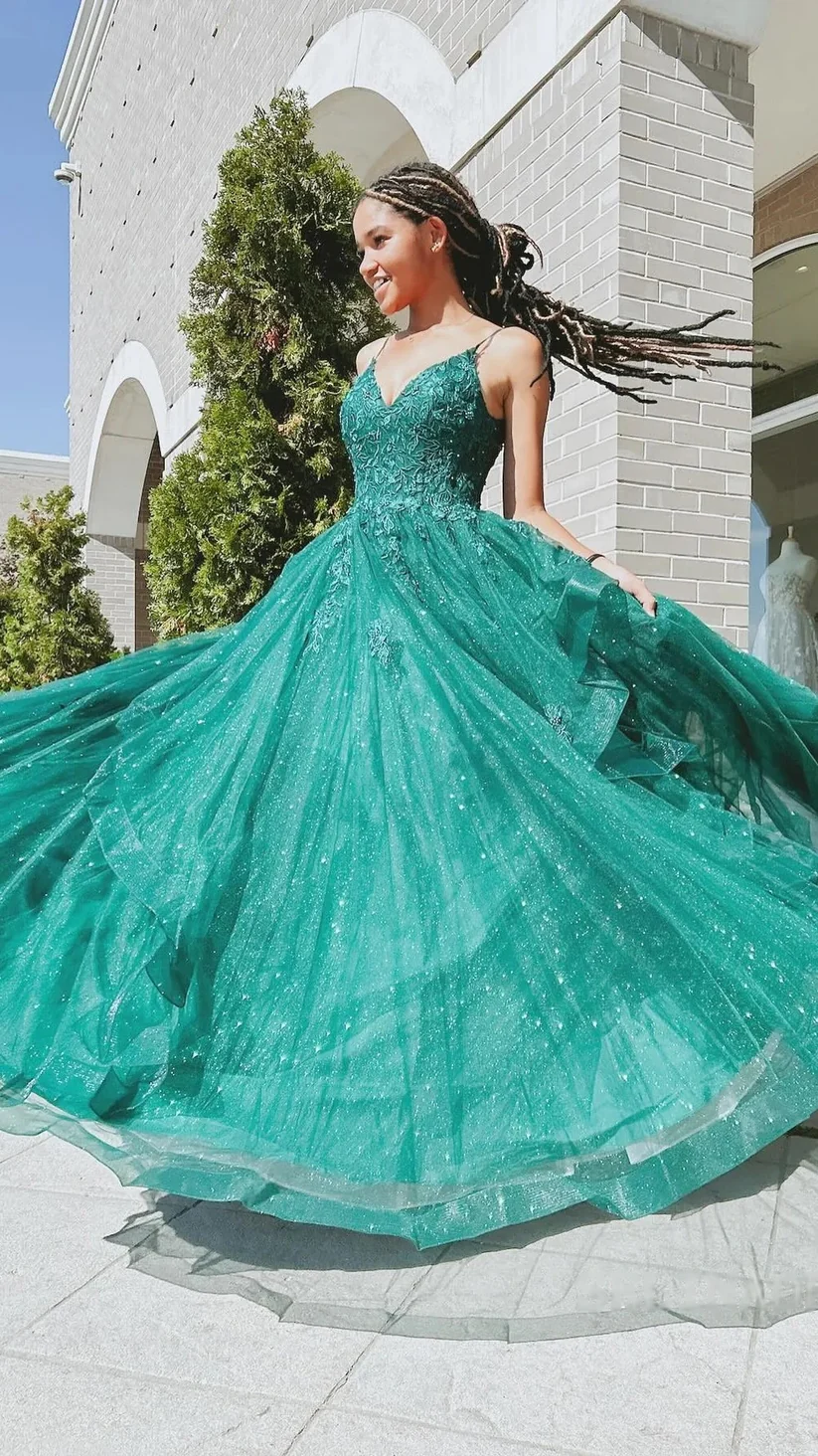 Glitter Green Tulle Appliques Sequins Prom Dress A Line Party Evening Gown cc2237
