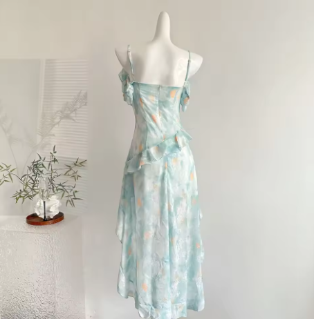 Simple Chiffon Blue Ruffle Party Dress Prom Gown cc3006