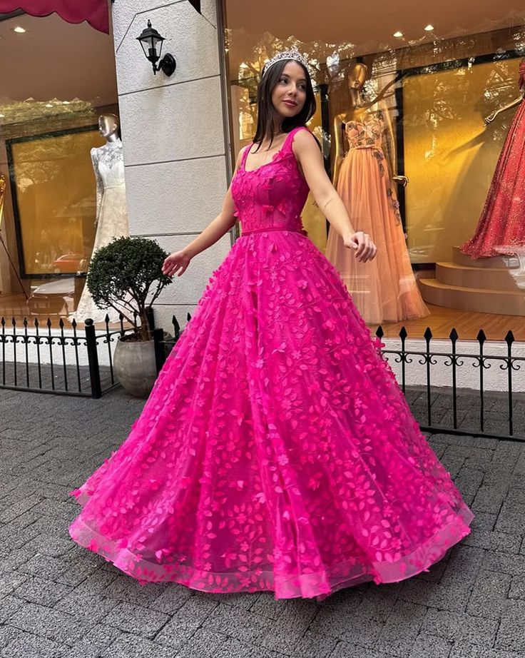 Beautiful Hot Pink Tulle Appliques Evening Dress,A Line Party Dress Ball Gown cc2640
