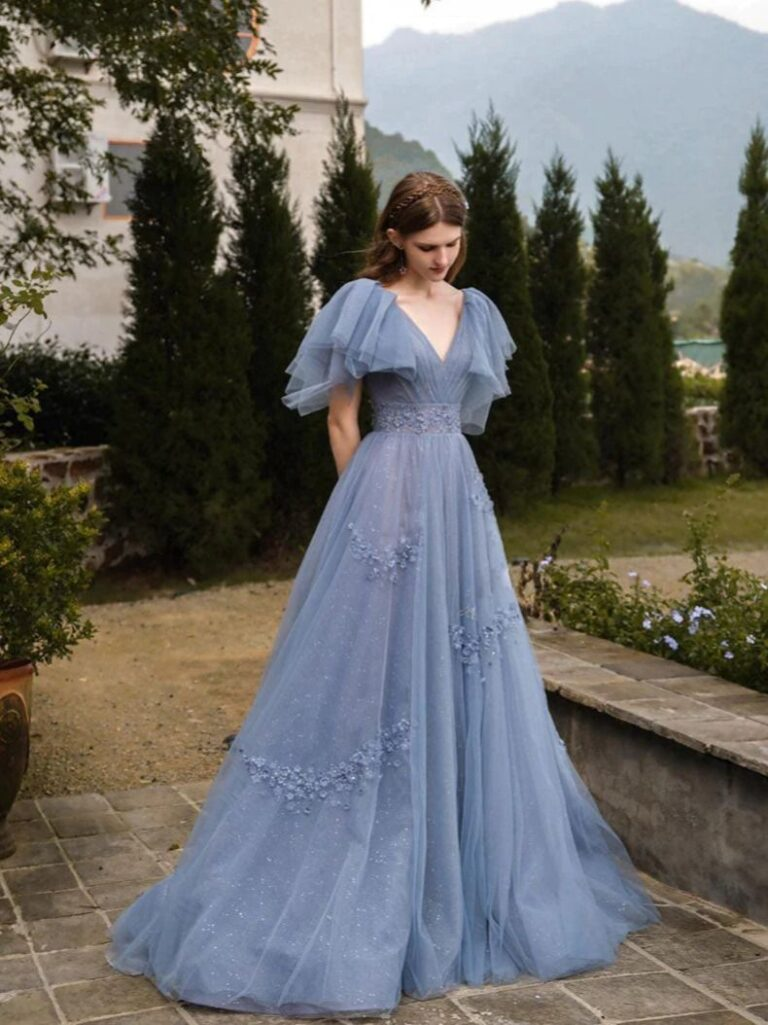 Elegant V Neck Tulle Sequins Appliques Prom Dress,Blue Party Dress Evening Dress cc2789