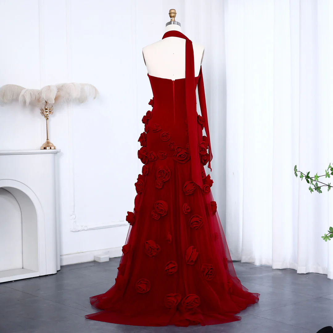 Beautiful Pink Strapless Tulle Rose Flowers Prom Dress Mermaid Slit Evening Dress Wedding Dress cc2084
