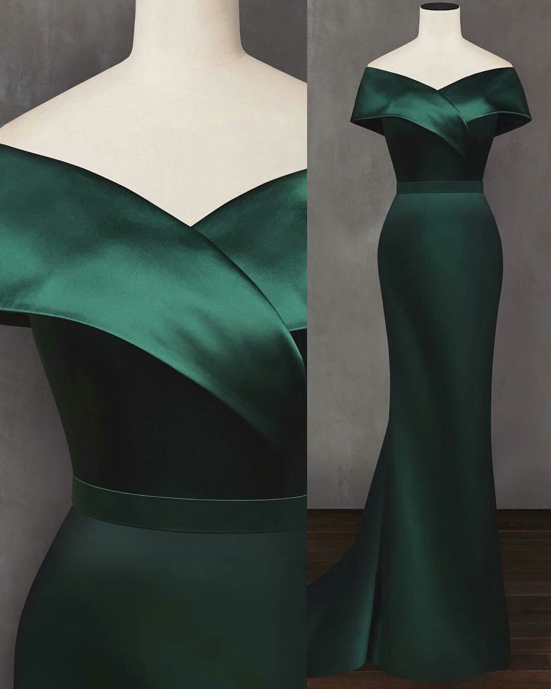 Emerald Green Evening Dress Off The Shoulder Satin Elegant Simple Mermaid Party Gowns cc666