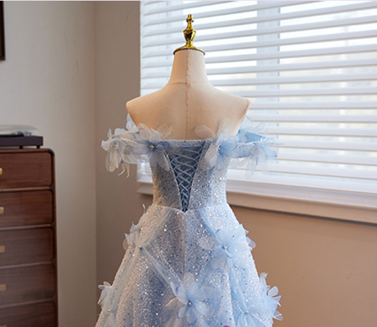 Fairy Blue Sequins Tulle Off the Shoulder 3D Flower Prom Dress Ball Gown cc2217