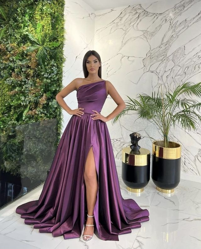 Asymmetrical Ruched With Train And Slit Prom Formal Party Evening Dress cc616