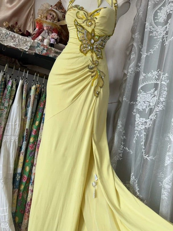 Elegant Yellow Halter Satin Beaded Sequins Evening Dress,Long Mermaid Party Prom Dress cc2999