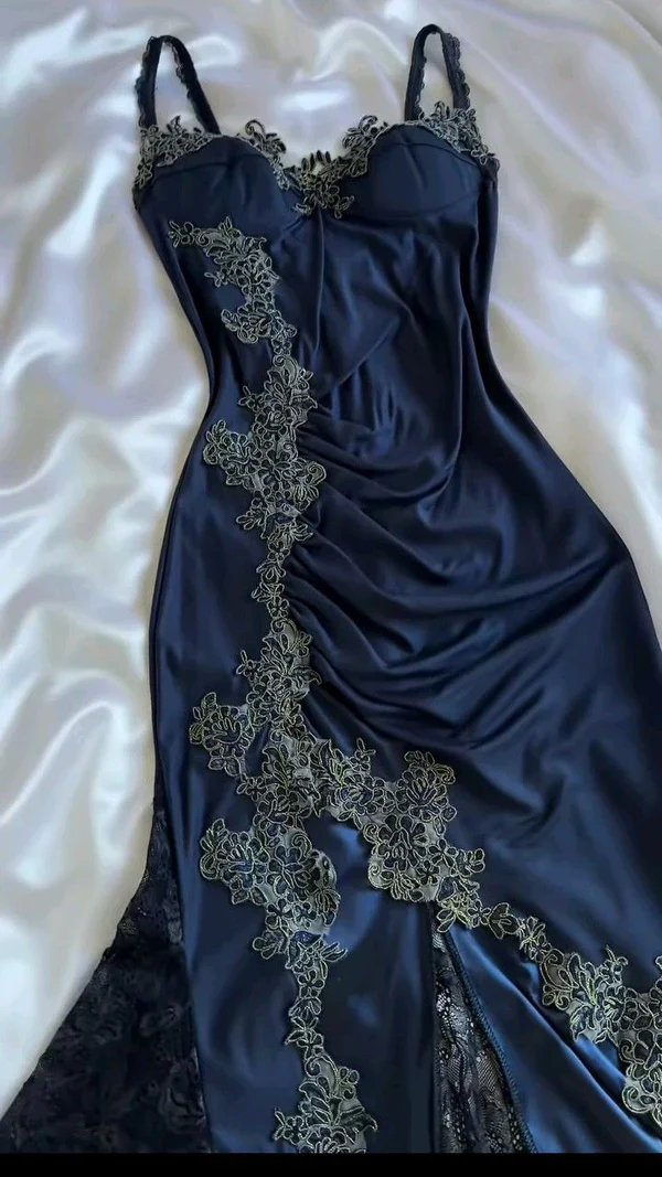 Vintage Navy Blue Satin Lace Appliques Mermaid Evening Dress,Long Party Prom Dress cc2936