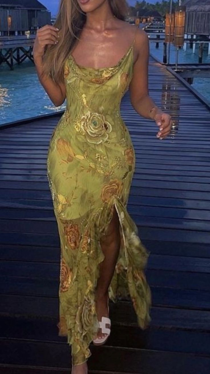 Sexy Spaghetti Straps Chiffon Print Floral Evening Dress Slit Party Prom Dress cc2005