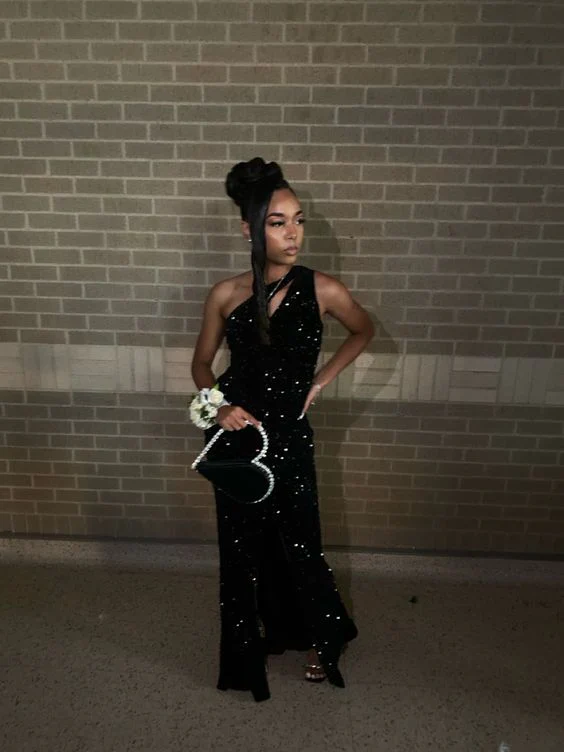 One Shoulder Black Sequins Evening Dress Formal Prom Dress cc2290
