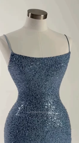 Glamorous Spaghetti Straps Sequins Sheath Long Prom Dress,Blue Party Evening Dress cc2941