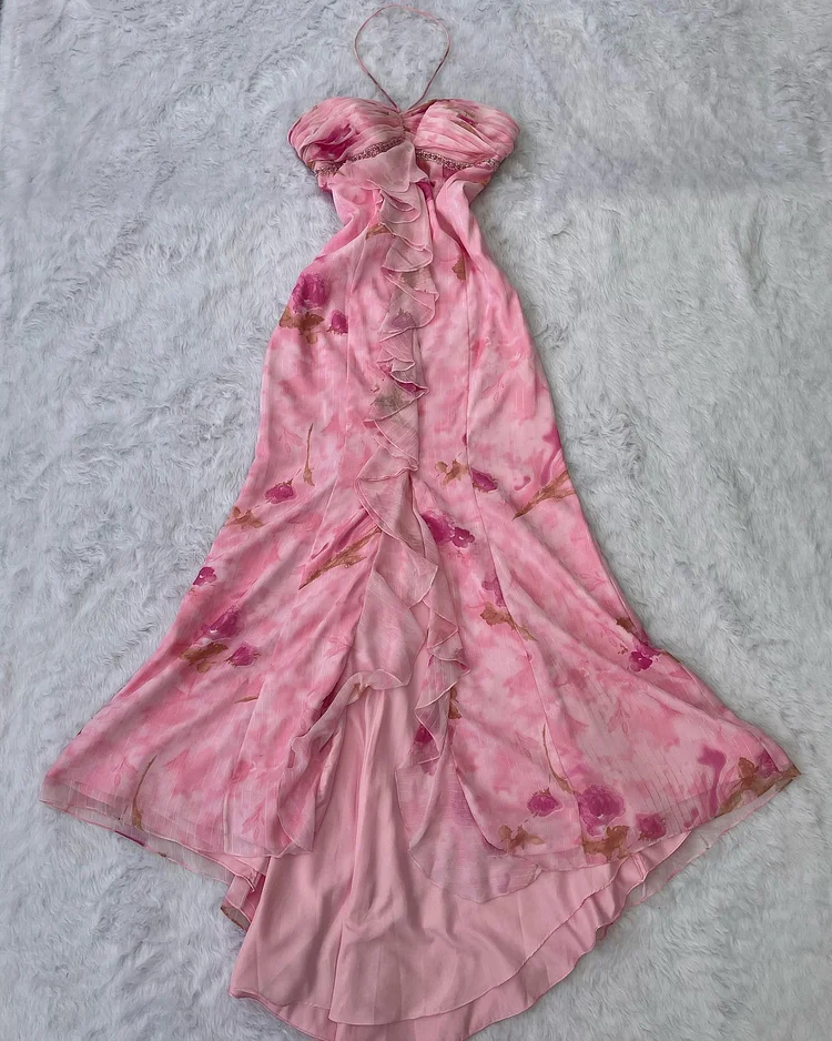 Elegant Halter Chiffon Print Ruffle Mermaid Evening Dress,Pink Prom Dress cc2764