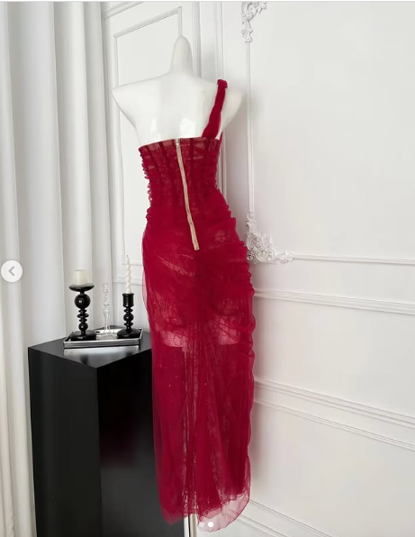Pretty Burgundy Lace Tulle Prom Dress,One Shoulder Party Evening Dress cc2933