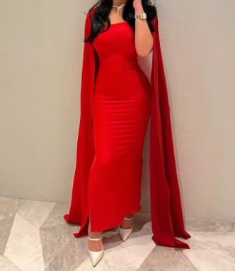 Red Satin Mermaid Evening Dress Saudi Arabia Prom Dresses cc695