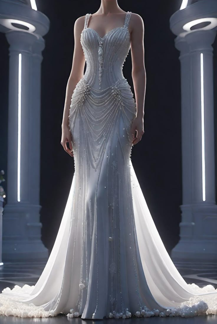 Elegant White Chiffon Pearls Beaded Wedding Dress,Long Mermaid Prom Dress Evening Dress cc2774