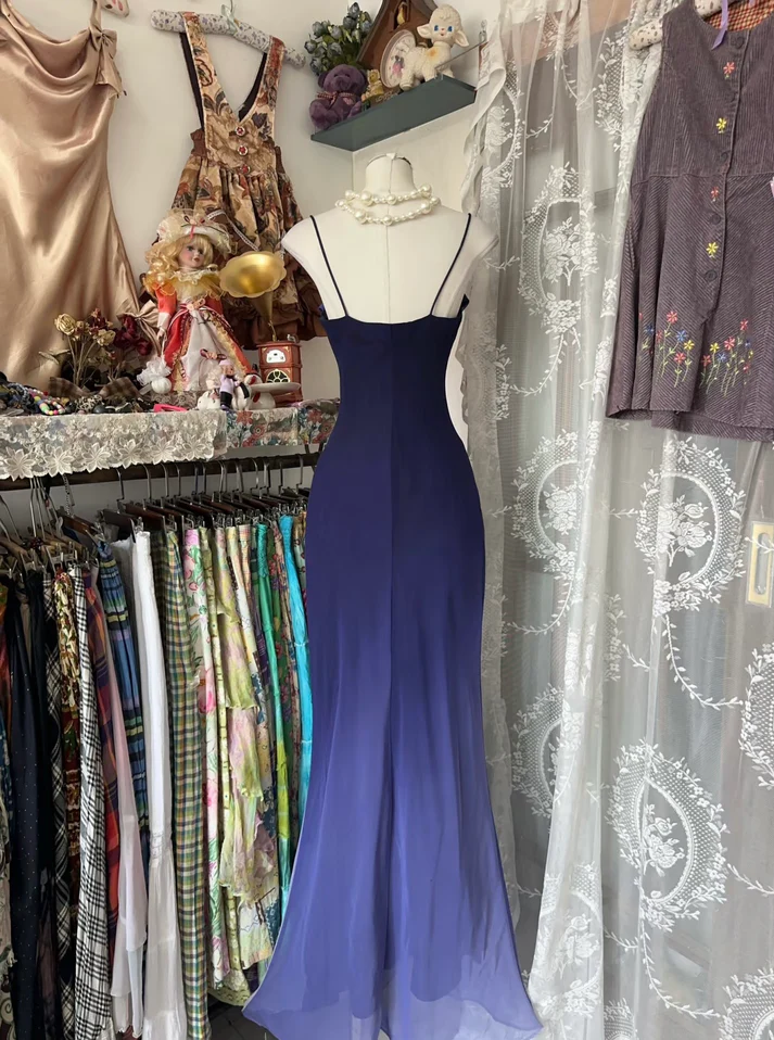 Charming Ombre Navy Blue Chiffon Long Mermaid Prom Dress Evening Dress cc2281
