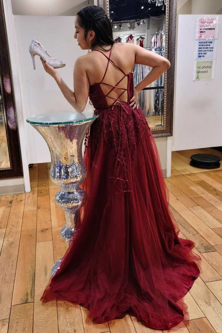Wine Red Lace Plunge V Lace-Up A-Line Prom Dress cc534