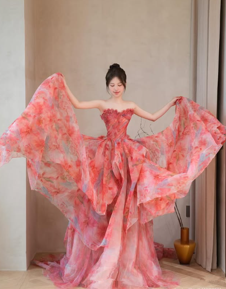 Pretty Strapless Tulle Print Floral A Line Wedding Dress,Formal Prom Evening Dress cc2982