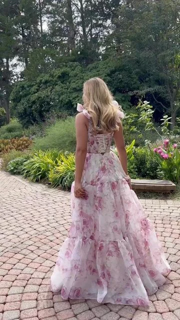 Classy Rose Print Floral Chiffon A Line Prom Evening Dress,Long Party Gown cc2951