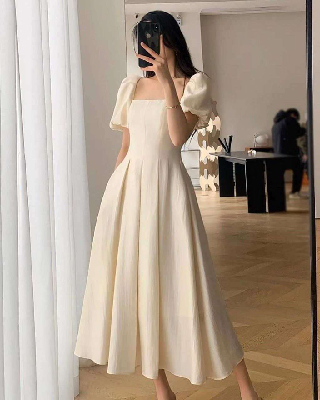 Retro Style White Square Neckline Midi-length Prom Dress cc601