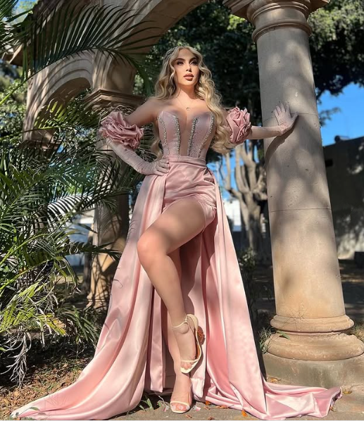 Gorgeous Pink Satin Beaded Slit Mermaid Prom Dress,Strapless Party Evening Dress With Gloves cc2976
